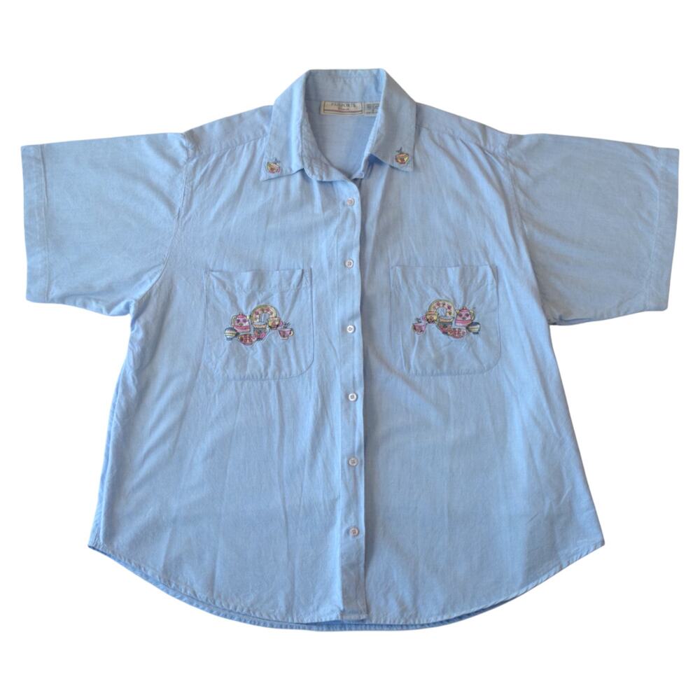 90s Pastel Embroidered Teacups Grandmacore Plus Size Shirt
